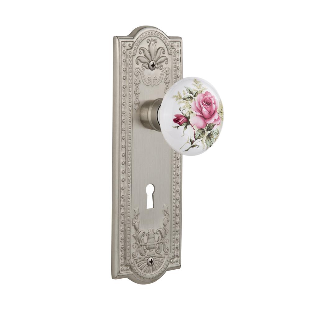 Nostalgic Warehouse MEAROS Mortise Meadows Plate with Rose Porcelain Knob with Keyhole in Satin Nickel